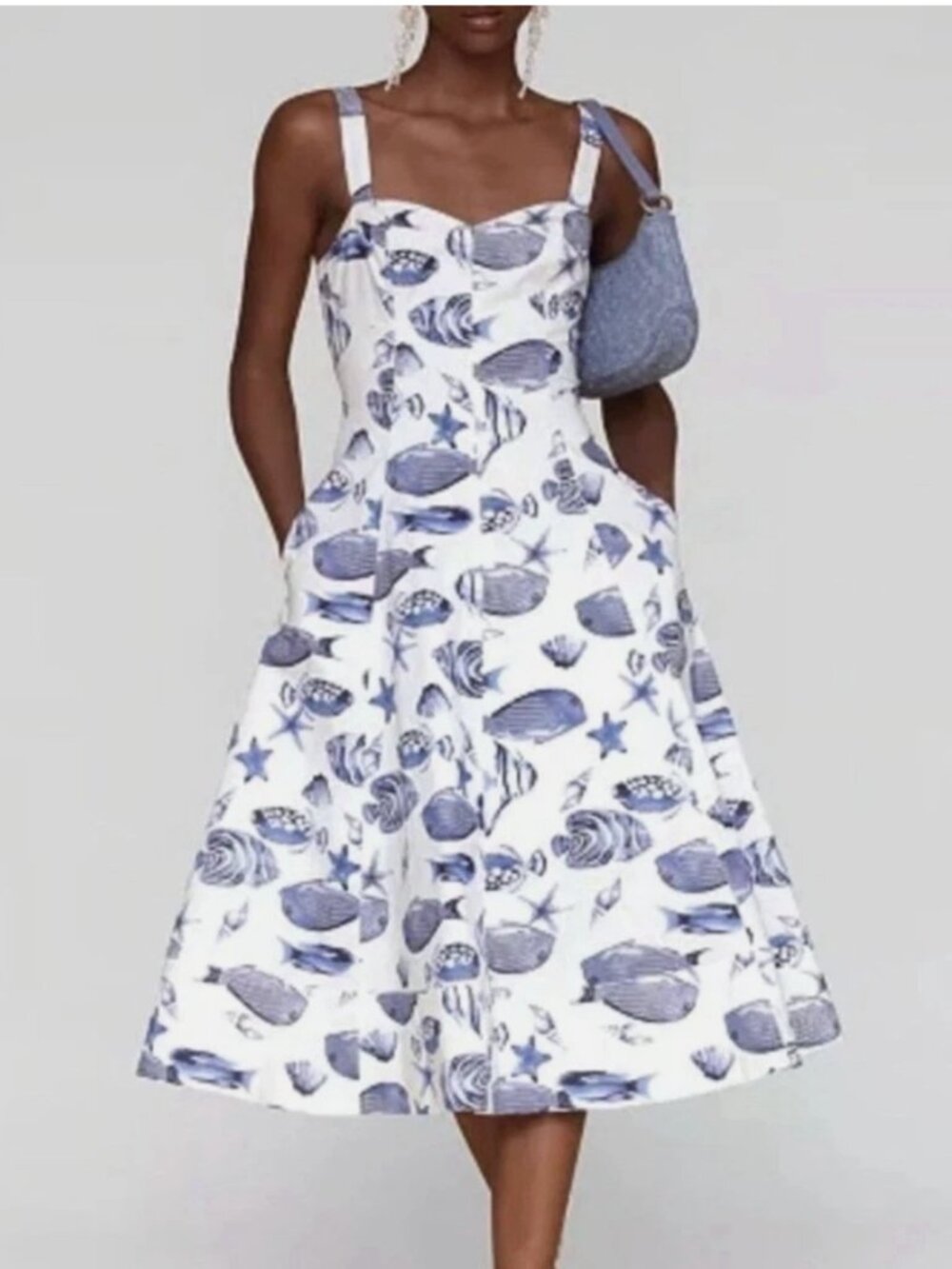 Avec Les Filles White Dress with Blue Seashell Print